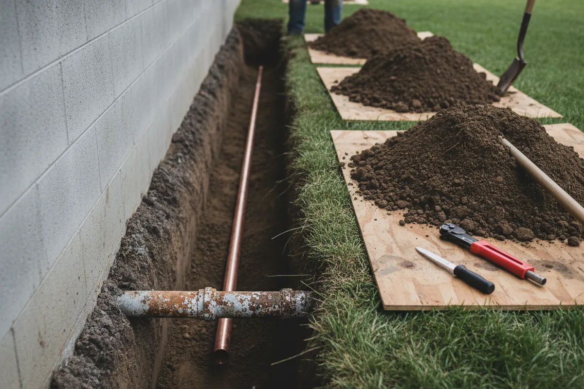 Excavated water line trench during Sewer Line Repair in Floriston